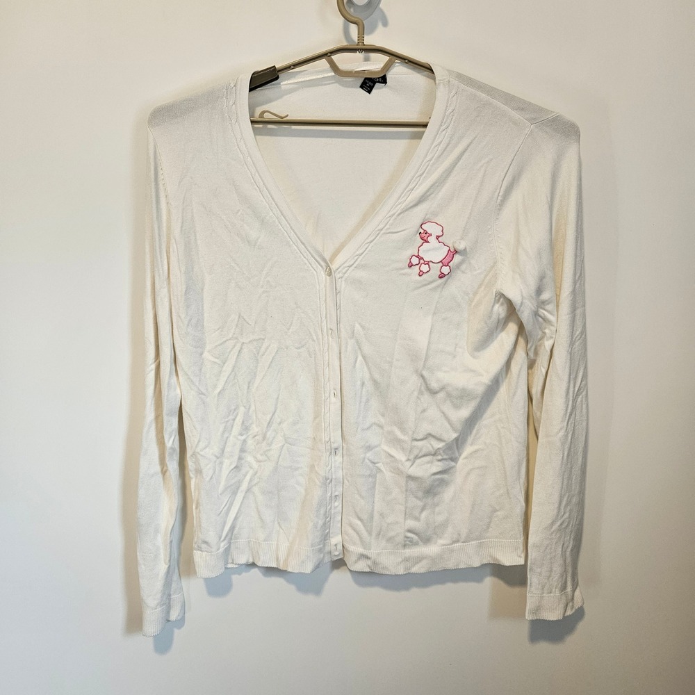 Poodle Cardigan Women XXL 20 White Pink Retro Sweater Embroidered Rockabilly